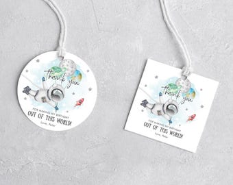 Editable Astronaut Space Favor Tags Galaxy Birthday Thank You Sticker Blue Boy Gift Trip Out Of World Planets Template Printable Corjl 0004