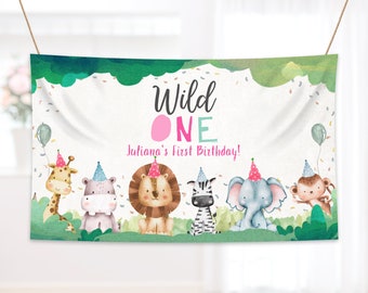 Bannière d'anniversaire personnalisable sur le thème des animaux, panneau de bienvenue « Safari » pour fille (modèle Corjl) 0001
