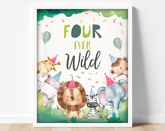 Vier wilde Tiere Geburtstagsschild Party vierter Geburtstag Safari Junge grün Baby Party Tiere Zoo Dekor Download Printable 0001