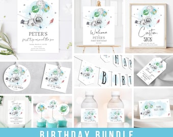 Astronaut Space Birthday Invitation Bundle Space Party 1st Birthday First Trip Around the Sun Galaxy Boy Template Printable Corjl 0004