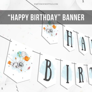 Happy Birthday Banner Orange Planets Space Galaxy Banner First Birthday Decorations Rocket Download Instant Digital Printable DIY 0004
