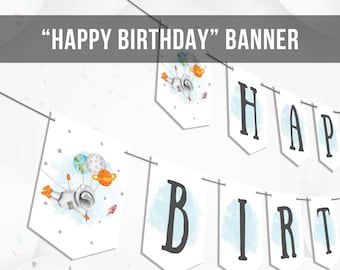 Happy Birthday Banner Orange Planets Space Galaxy Banner First Birthday Decorations Rocket Download Instant Digital Printable DIY 0004