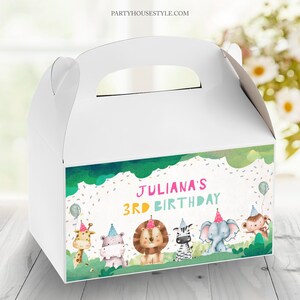 Editable Party Animals Birthday Gable Box Safari Animals Birthday Gift Box Label Girl Party Animals Digital Template Printable Corjl 0001