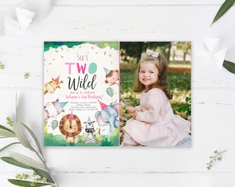 Editable Birthday Invitation Girl Two Wild Animals Invite Pink Safari Zoo 2nd Digital Invite Download Template Printable Corjl 0001