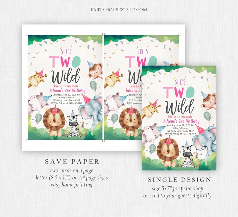 Editable Two Wild Birthday Invitation Girl Second Birthday 2nd Safari