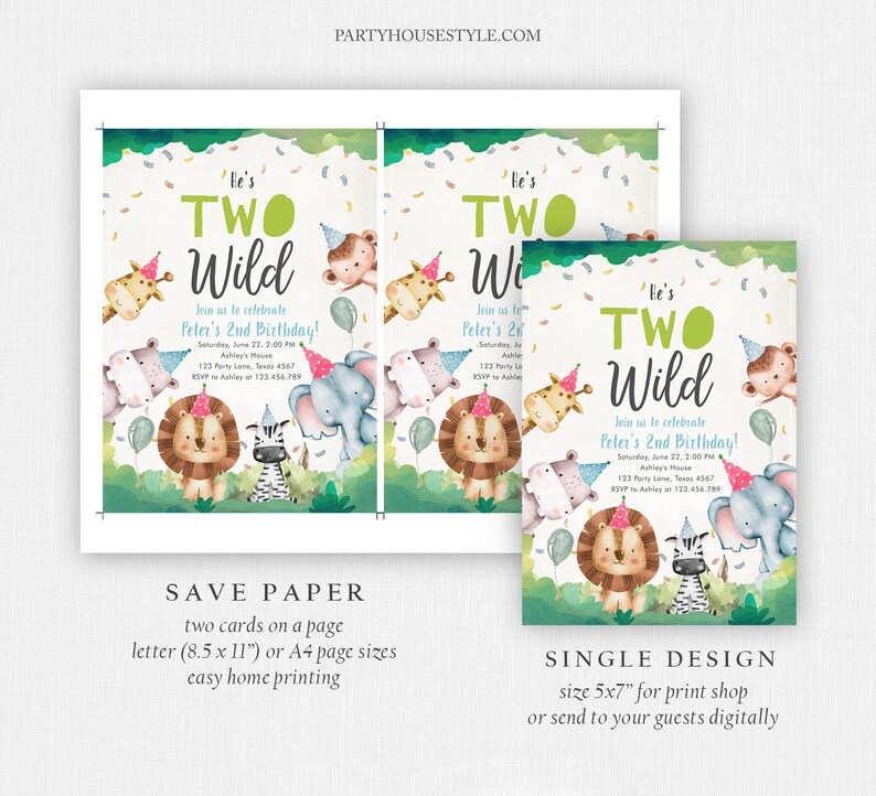 Editable Two Wild Birthday Invitation Boy Second Birthday 2nd Safari Animals Jungle Zoo Party