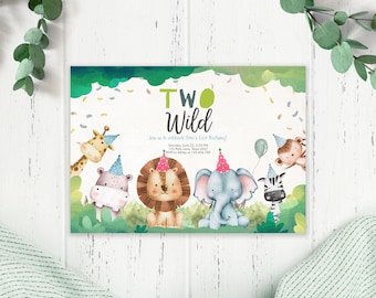 Editable Two Wild Birthday Invitation Safari Party Animal Boy Green Birthday Invite Zoo Jungle 2nd Printable Template Digital Corjl 0001
