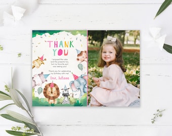 Editable Thank You Card Birthday Safari Animals Wild One Two Wild Thank You Note Girl Pink Zoo Party Jungle Template Printable Corjl 0001