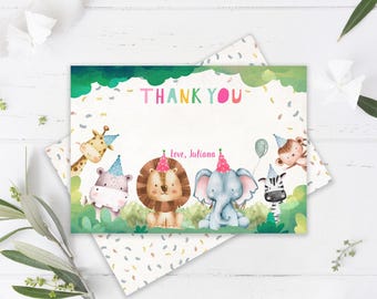Editable Party Animals Thank You Card Note Wild One Safari Animals Girl Pink Safari Party Jungle Zoo Template Download Printable Corjl 0001