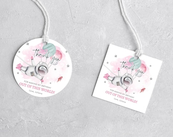 Editable Pink Astronaut Space Favor Tag Galaxy Birthday Thank You Sticker Girl Pink Trip Out Of World Planets Template Printable Corjl 0004