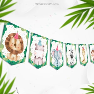 Puede incluir: Una pancarta verde y blanca con temática de animales de la selva. La pancarta presenta un león, un hipopótamo, un elefante, una cebra, una jirafa y un mono, cada uno con un gorro de fiesta. La pancarta es perfecta para una fiesta de cumpleaños con temática de la selva.