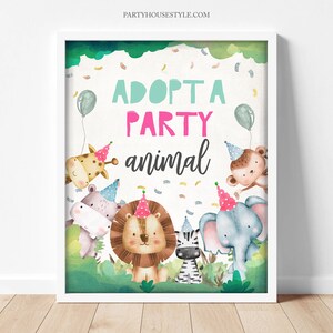 Adopteer een dier Verjaardagsbord Tafeldecor Feestbeesten Verjaardag Wilde dieren meisje Zoo Safari Tafelbord Jungle Zoo Party afdrukbare 0001