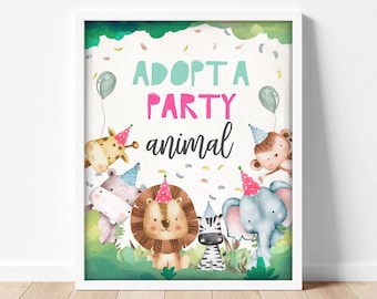 Adopt an Animal Birthday Sign Table Decor Party Animals Birthday Wild One Animals Girl Zoo Safari Table Sign Jungle Zoo Party Printable 0001