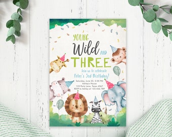 Editable Young Wild and Three Invitation Safari Animals Party Animals Boy Green Third Birthday 3rd Zoo Digital Template Printable Corjl 0001