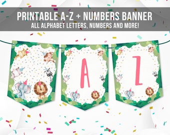 Alphabet Banner A to Z  + Number Birthday Jungle Safari Animals Zoo Girl Pink Wild One Decorations Download DIY Digital Printable 0001