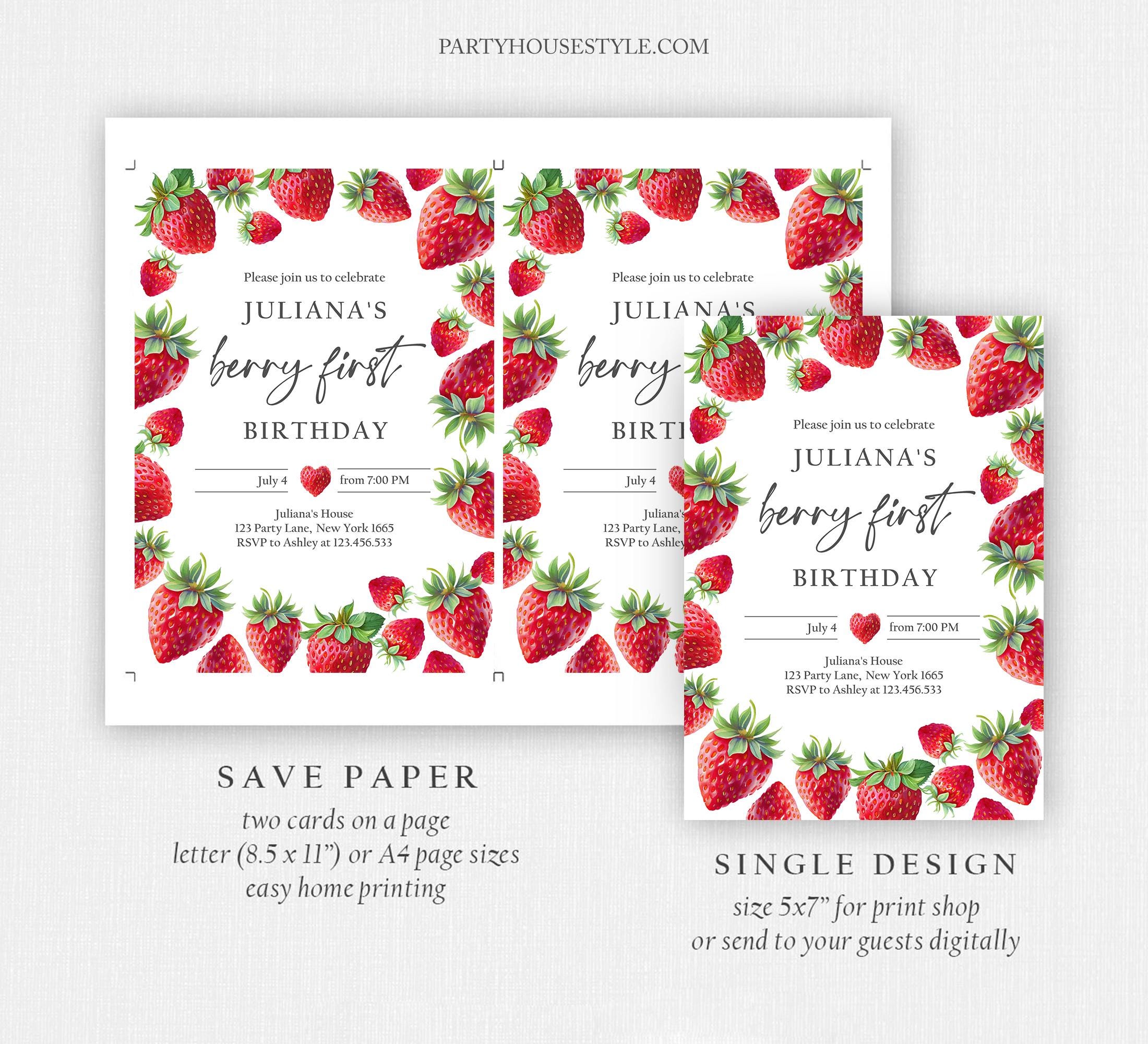 Editable Strawberry Birthday Invitation First Birthday Berry Sweet Girl ...