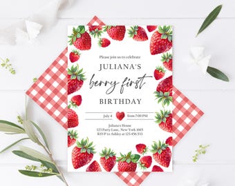 Editable Strawberry Birthday Invitation First Birthday Berry Sweet Girl Cute Strawberries 1st Digital Template Download Printable Corjl 0008