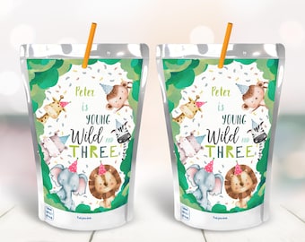 Editable Party Animals Juice Pouch Label Juice Favors Young Wild and Three Party Animals Birthday Boy Green 3rd Template Digital Corjl 0001