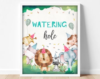 Watering Hole Birthday Sign Drink Table Decor Safari Birthday Wild Party Jungle Safari Girl Baby Party Zoo Instant Download Printable 0001