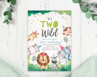 Editable Two Wild Birthday Invitation Boy Second Birthday 2nd Safari Animals Jungle Zoo Party Animals Digital Template Printable Corjl 0001