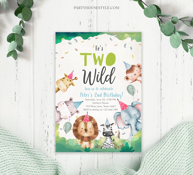 Editable Two Wild Birthday Invitation Boy Second Birthday 2nd Safari Animals Jungle Zoo Party
