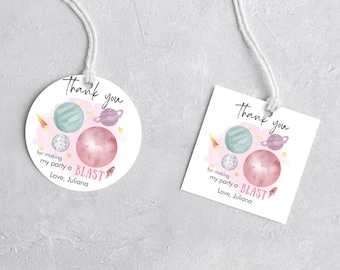 Editable Galaxy Space Favor Tags Outer Space Birthday Thank you Sticker Gift Tags Trip Around the Sun Planets Template Printable Corjl 0002
