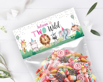 Editable Party Animals Treat Bag Toppers Second Birthday Safari Girl Pink Two Wild Favor Bag Zoo Wild 2nd Digital Printable Corjl 0001
