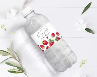 Editable Strawberry Water Bottle Label Strawberry Birthday Decor Berry Sweet 1st Birthday First Printable Berry First Template Corjl 0008