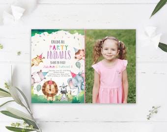 Invitación de cumpleaños editable con animales de fiesta, invitación de animales salvajes, animales de safari del zoológico, niña, descarga la plantilla de invitación imprimible Corjl 0001