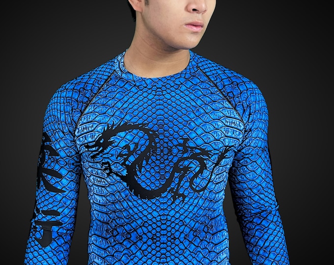 Azure Dragon Scale BJJ Long Sleeve Rash Guard for Men