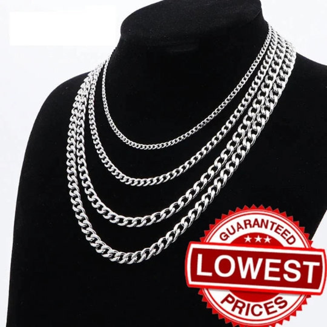 Silver Cuban Necklace Chain Choker Cuban Curb Stainless Steel Mens
