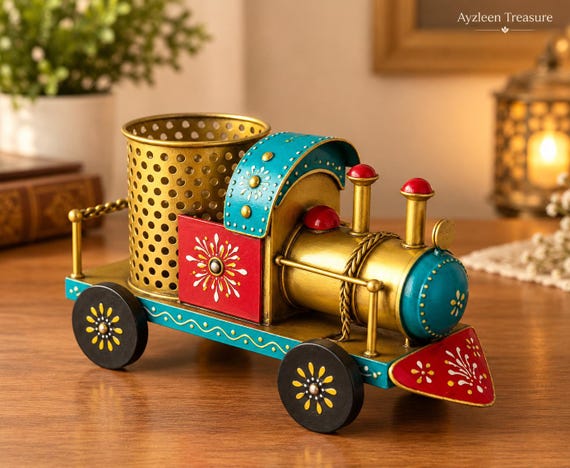 Vintage Train Pen Holder, Handcrafted Hand Painted Metal Train Desk Organizer, Retro Office Decor, Unique Gift