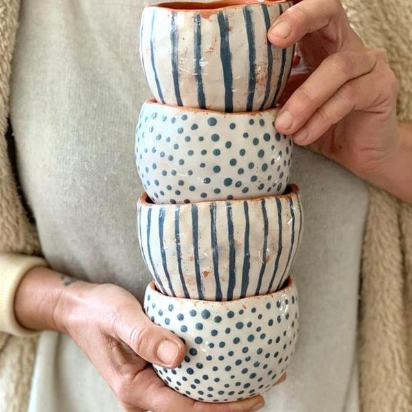 handmade ceramic cup, handmade mug, coffee cup, ceramic glass without handle, ribbed glasses, polka dot glasses