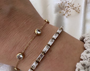 Bracelets CZ Gold Plated , Stainless Steel, Thin Chain Golden, Elegant Charm, Waterproof, Tarnish Free .