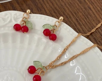 Kirsche Ohrringe und Halskette Set Fruity Sommer Schmuck Beeren Cute Aestethic