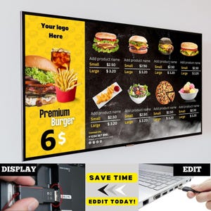 Tablero de menú de TV moderno para restaurante, menú de pizza, tablero de menú de TV, menú de hamburguesas, plantilla de Canva, plantilla de póster, editable