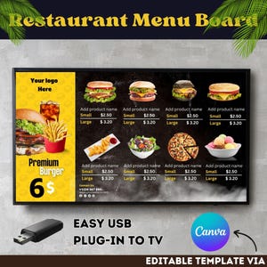 Modern tv-menubord voor restaurant, digitaal menubord, eenvoudig zelfgemaakt digitaal menubord voor restaurants, bewerkbare canvassjabloon.