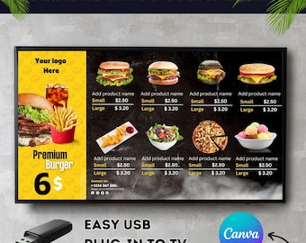 Modern Tv Menu Board For Restaurant, Digital Menu Board, Easy DIY Digital Menu Board for Restaurants, Editable Canva Template.