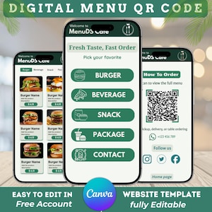 Może przedstawiać: Trzy ekrany smartfonów wyświetlające cyfrowy kod QR menu. Centralny telefon pokazuje opcje menu: Burger, Napój, Przekąska, Pakiet i Kontakt. Górny baner głosi "Digital Menu QR Code". Dolny baner mówi "Easy to edit in Canva".
