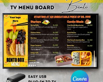 Bento Box Menu Canva Template: Digital Menu Board with Prices, Ideas & Customizable Layout