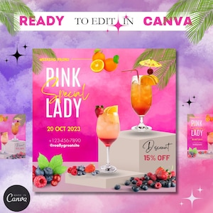 Pink Cocktail Menu Flyer: Editable Brunch Party Template (Canva)