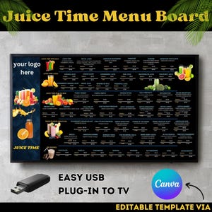 Modèles de menus de jus de fruits, tableau de menu de télévision, liste de prix des boissons, conception d'affiche de jus de fruits, modèle de liste de prix de boissons, modèle de toile modifiable.