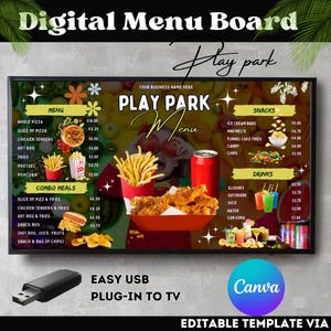 Menu Park, Menu Digital de TV, Menu Digital Externo para Restaurante, Menu Board Park, Play Cafe For Kids, Modelo Canva.