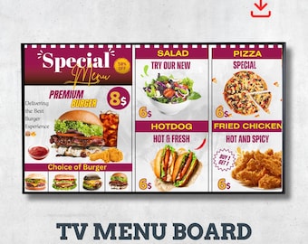 Animated Digital Menu Board Canva Template | TV Burgers Pizza Chicken | Editable Restaurant Sign