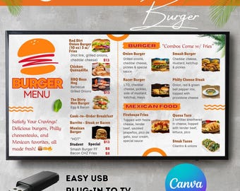 Burger & Mexican Food Digital Menu Board: Restaurant TV Template (Canva)