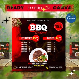 Impreza BBQ Cookout, Edytowalny szablon ulotki, Wyprzedaż kolacji, Ulotka żywności, Wyprzedaż w restauracji, Kolacja z grillem, Menu BBQ, Tygodniowe menu, Menu żywności