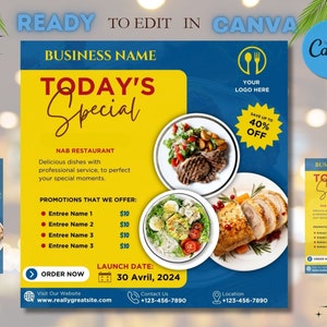 Edytowalna ulotka z dzisiejszym specjalnym menu do wykorzystania w mediach społecznościowych. Codzienne promocje. Ulotka marketingowa na temat menu dań. Wyprzedaż kolacji. Specjalne dania.