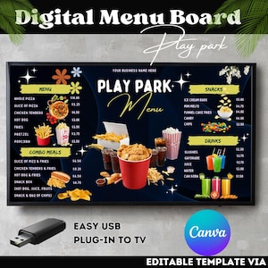 Play Park Menu Board, Menu Digital de TV, Menu Digital Outdoor para Restaurante, Play Cafe For Kids, Menu Board Park, Modelo Canva.