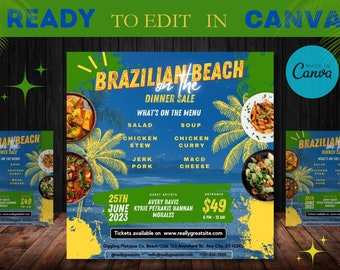 Brazilian Dinner Menu Flyer Template, Beach Theme (Canva Editable)