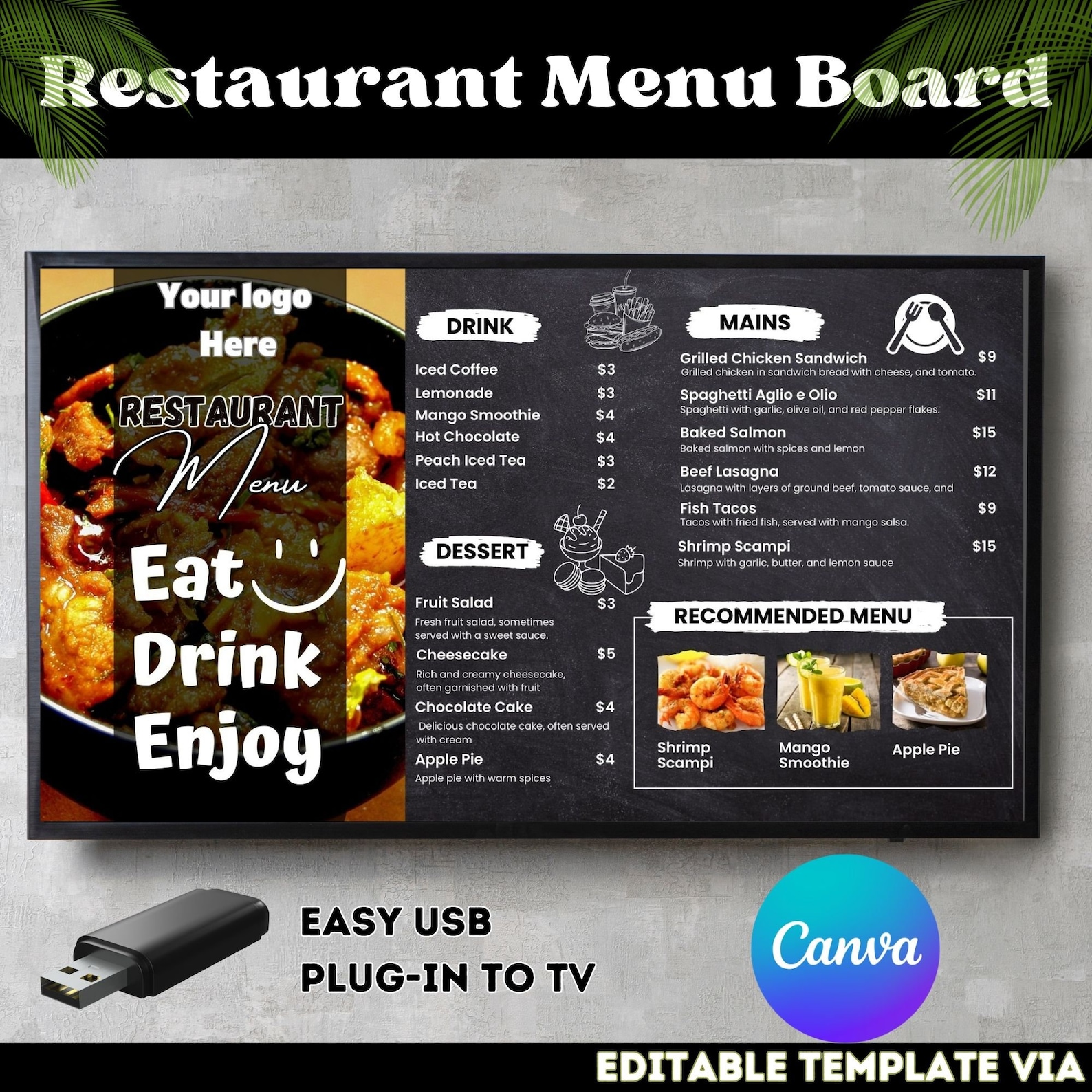 Restaurant TV Menu Board Template: Editable Canva Design - Etsy